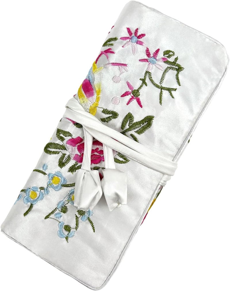 WEI LONG Jewelry Roll, Travel Jewelry Roll Bag,Silk Embroidery Brocade Jewelry Organizer Case with Tie Close (Blossom, White) - Image 1